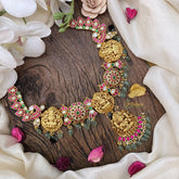 Vriksham Premium Lakshmi Pendant Jadau Kundan Short Neckpiece-Pastel Green Bead-J2975